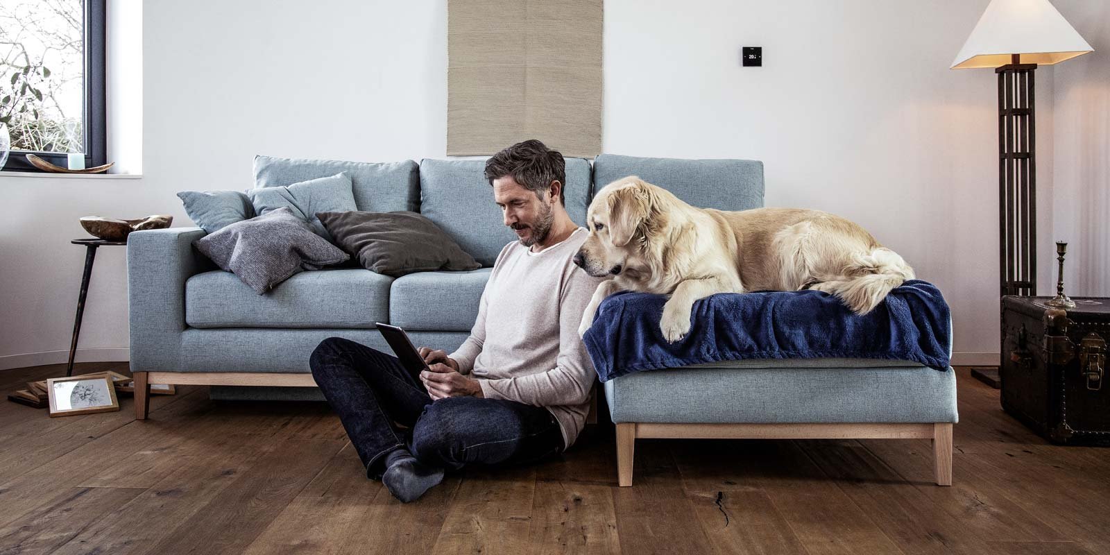 Ein Mann sitzt mit einem Tablet vor dem Sofa, der Hund liegt auf dem Sofa und schaut ueber seine Schulter